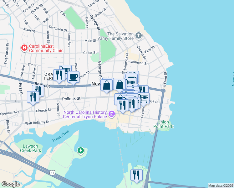 map of restaurants, bars, coffee shops, grocery stores, and more near 301 Hancock Street in New Bern