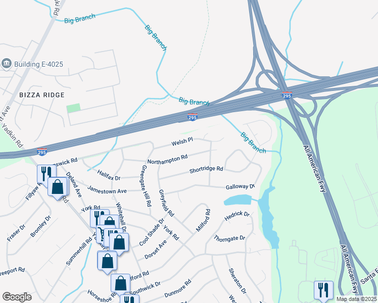 map of restaurants, bars, coffee shops, grocery stores, and more near 623 Northampton Road in Fayetteville