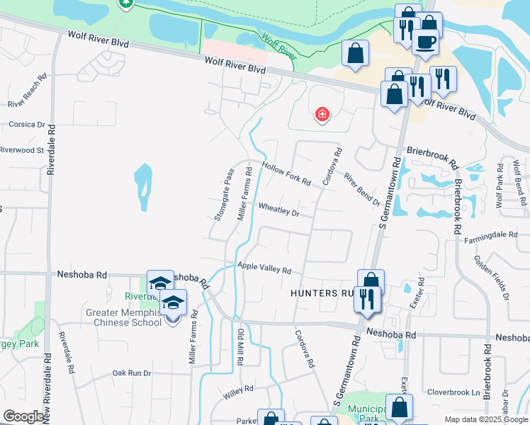 map of restaurants, bars, coffee shops, grocery stores, and more near 7565 Wheatley Drive in Germantown