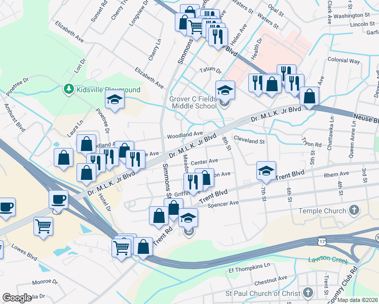 map of restaurants, bars, coffee shops, grocery stores, and more near 2111 Grace Avenue in New Bern