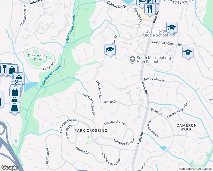 map of restaurants, bars, coffee shops, grocery stores, and more near 2423 Emstead Court in Charlotte