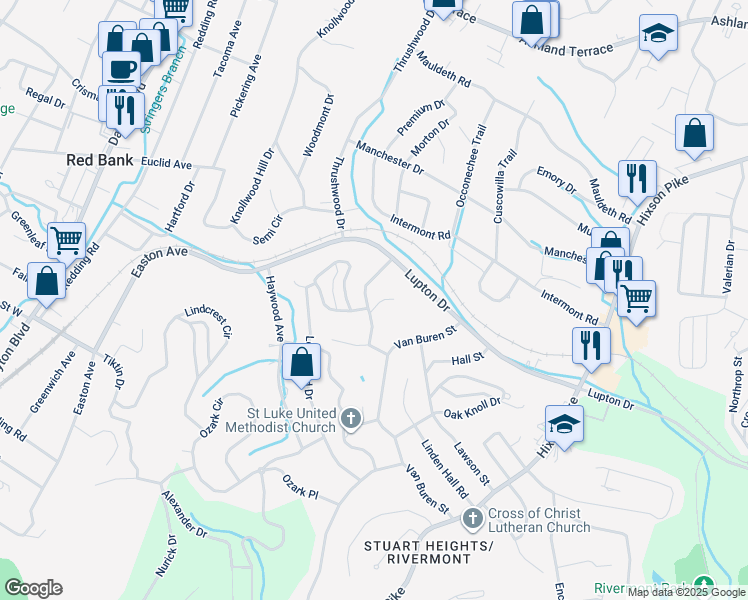 map of restaurants, bars, coffee shops, grocery stores, and more near 3505 Van Winkle Circle in Chattanooga
