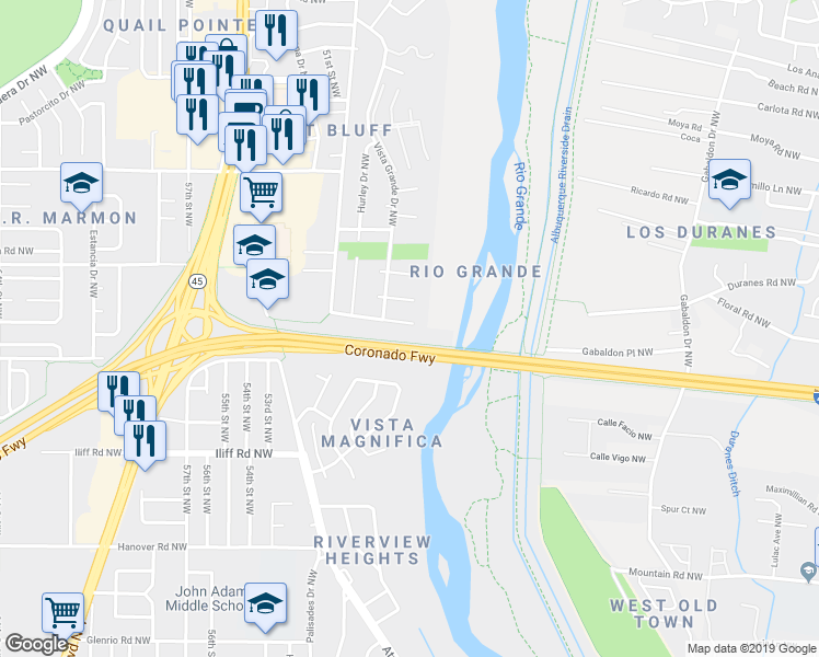 map of restaurants, bars, coffee shops, grocery stores, and more near 4908 El Aguila Place Northwest in Albuquerque