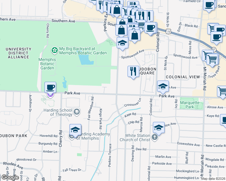 map of restaurants, bars, coffee shops, grocery stores, and more near 901 South Perkins Road in Memphis