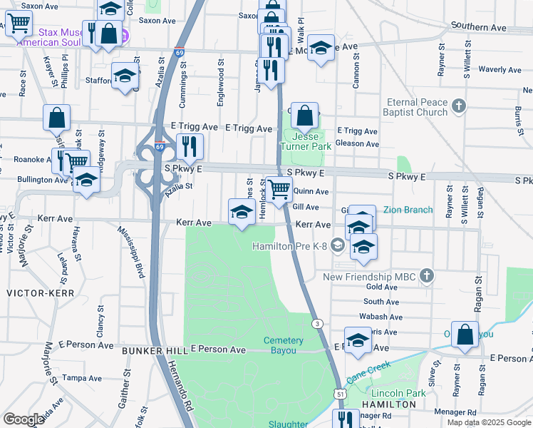 map of restaurants, bars, coffee shops, grocery stores, and more near 1432 Hemlock Street in Memphis