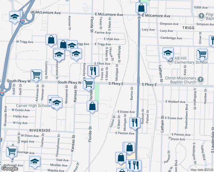 map of restaurants, bars, coffee shops, grocery stores, and more near 69 South Parkway East in Memphis