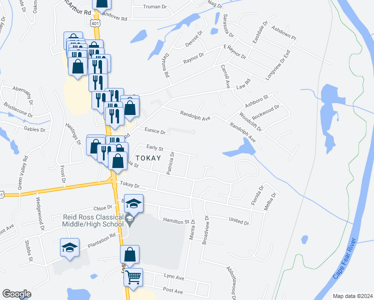map of restaurants, bars, coffee shops, grocery stores, and more near 413 Early Street in Fayetteville