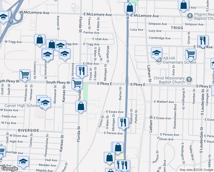map of restaurants, bars, coffee shops, grocery stores, and more near 128 South Parkway East in Memphis