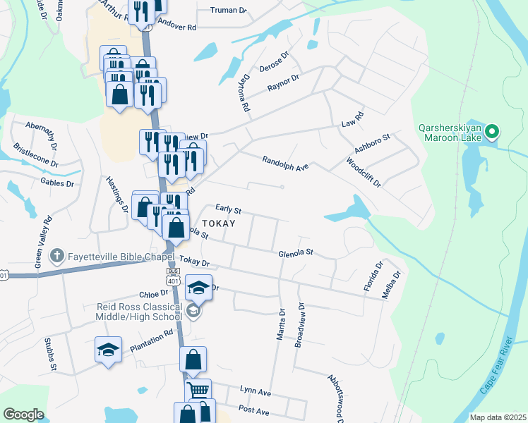 map of restaurants, bars, coffee shops, grocery stores, and more near 405 Early Street in Fayetteville