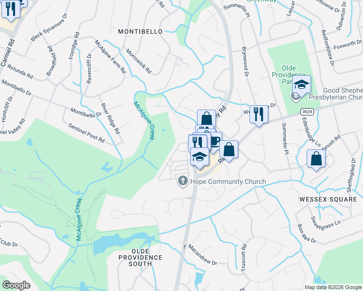 map of restaurants, bars, coffee shops, grocery stores, and more near 6711 Wakehurst Road in Charlotte