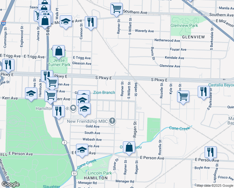 map of restaurants, bars, coffee shops, grocery stores, and more near 1422 Silver Street in Memphis
