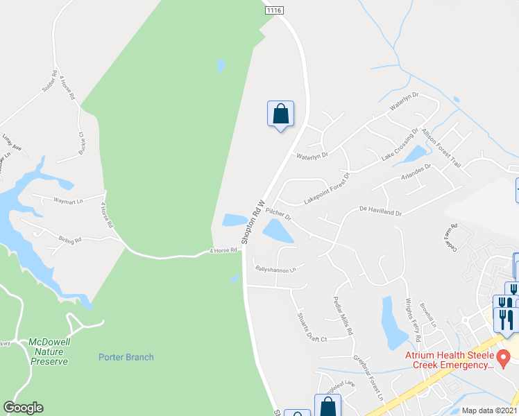 map of restaurants, bars, coffee shops, grocery stores, and more near Shopton Rd W & Pilcher Dr in Charlotte