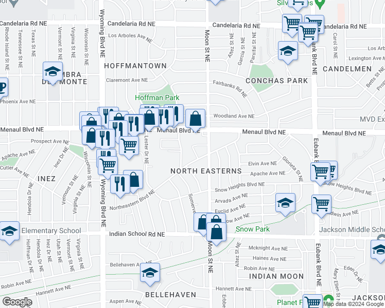 map of restaurants, bars, coffee shops, grocery stores, and more near 8911 Northeastern Boulevard Northeast in Albuquerque