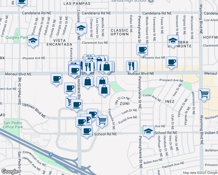 map of restaurants, bars, coffee shops, grocery stores, and more near 2423 Espanola Street Northeast in Albuquerque