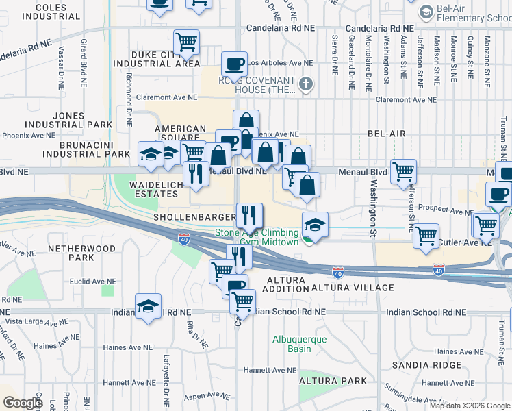 map of restaurants, bars, coffee shops, grocery stores, and more near 2500 Carlisle Boulevard Northeast in Albuquerque