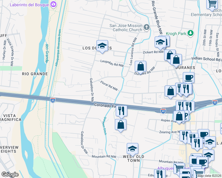 map of restaurants, bars, coffee shops, grocery stores, and more near 2830 Floral Road Northwest in Albuquerque