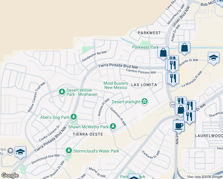 map of restaurants, bars, coffee shops, grocery stores, and more near 2031 Selway Place Northwest in Albuquerque