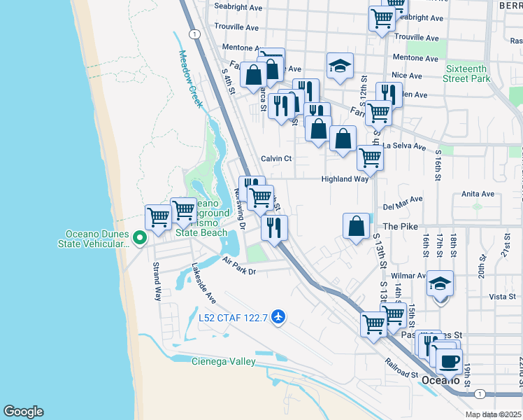 map of restaurants, bars, coffee shops, grocery stores, and more near 649 Pier Avenue in Oceano