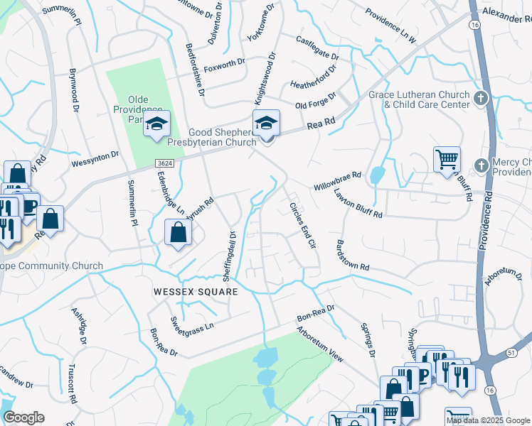map of restaurants, bars, coffee shops, grocery stores, and more near 7222 Lillian Way in Charlotte