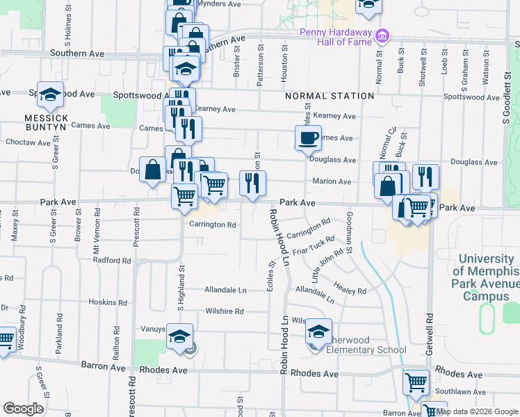 map of restaurants, bars, coffee shops, grocery stores, and more near 3635 Park Avenue in Memphis