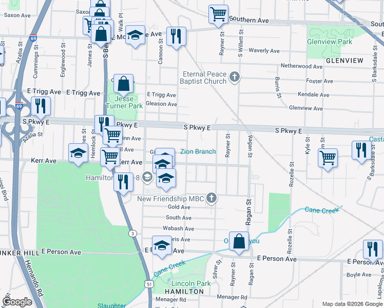 map of restaurants, bars, coffee shops, grocery stores, and more near 1417 Pillow Street in Memphis