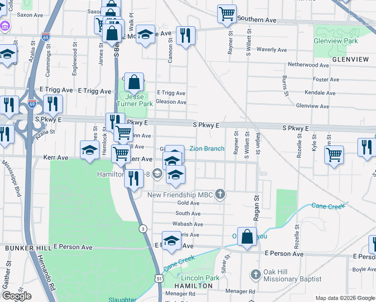 map of restaurants, bars, coffee shops, grocery stores, and more near 1417 Pillow Street in Memphis