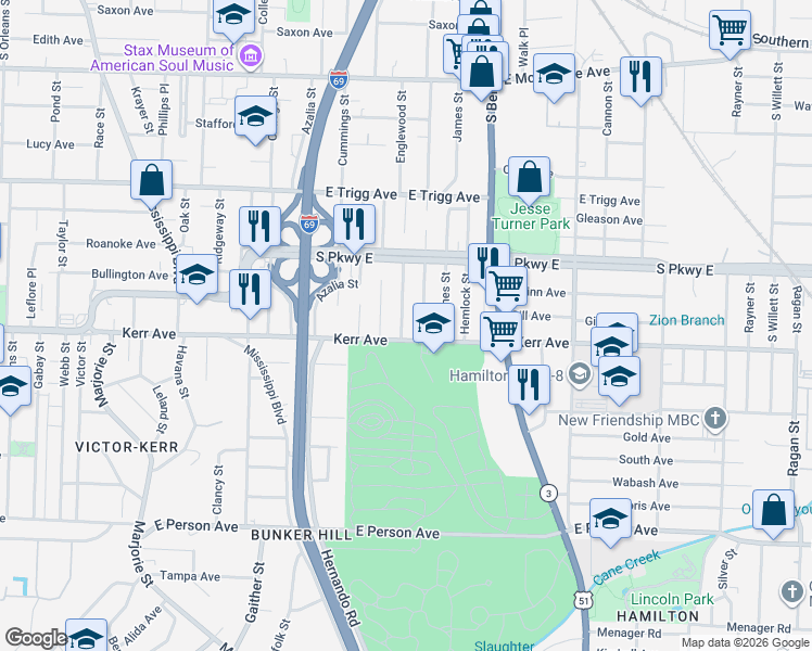 map of restaurants, bars, coffee shops, grocery stores, and more near 1429 Woodward Street in Memphis