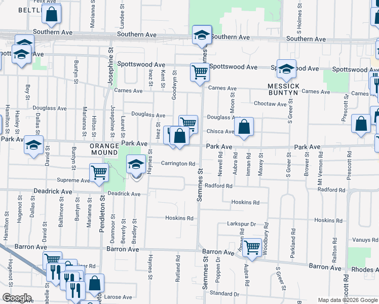 map of restaurants, bars, coffee shops, grocery stores, and more near 3003 Park Avenue in Memphis