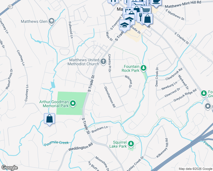 map of restaurants, bars, coffee shops, grocery stores, and more near 905 Glenshannon Road in Matthews