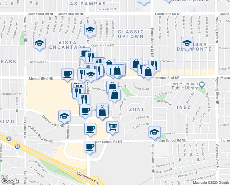 map of restaurants, bars, coffee shops, grocery stores, and more near 7011 Prospect Place Northeast in Albuquerque