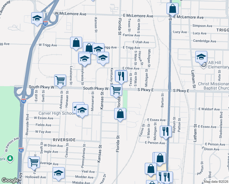 map of restaurants, bars, coffee shops, grocery stores, and more near 21 South Parkway East in Memphis