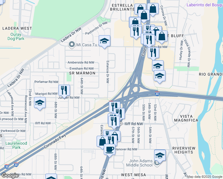 map of restaurants, bars, coffee shops, grocery stores, and more near 5909 Camino de la Luna NW in Albuquerque