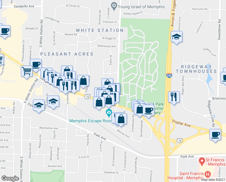 map of restaurants, bars, coffee shops, grocery stores, and more near 869 South Yates Road in Memphis