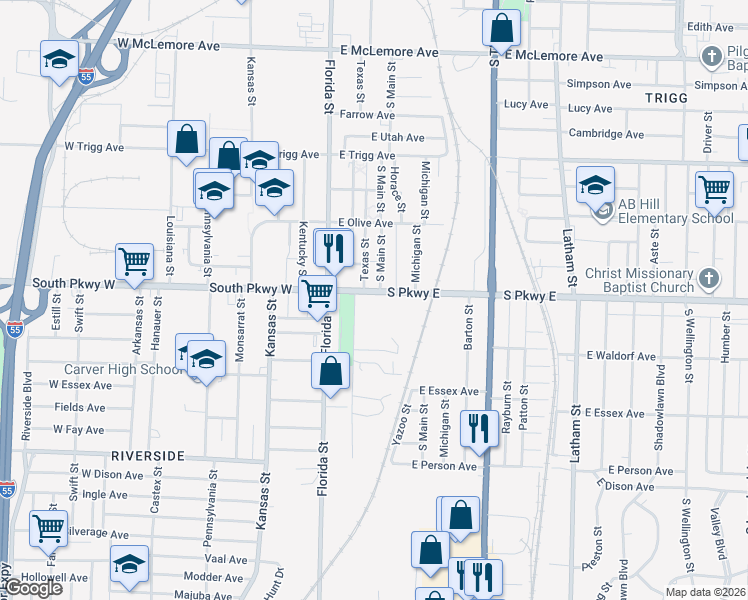 map of restaurants, bars, coffee shops, grocery stores, and more near 69 South Parkway East in Memphis