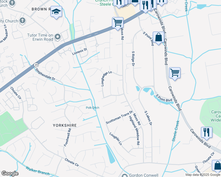 map of restaurants, bars, coffee shops, grocery stores, and more near 13633 Royalwood Lane in Charlotte