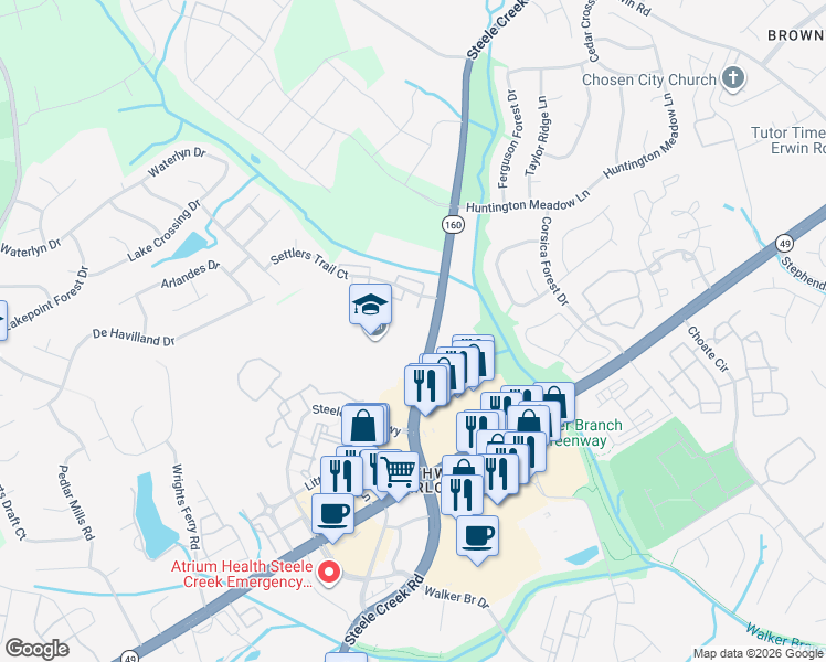 map of restaurants, bars, coffee shops, grocery stores, and more near 13702 Steele Creek Road in Charlotte