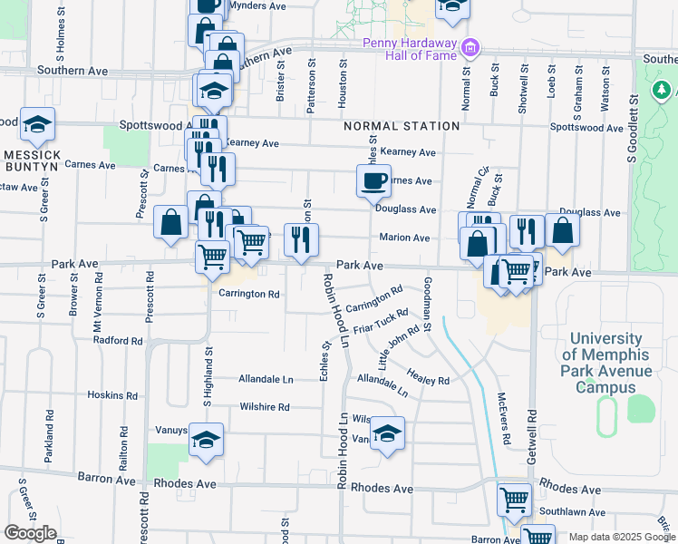 map of restaurants, bars, coffee shops, grocery stores, and more near 3673 Park Ave in Memphis
