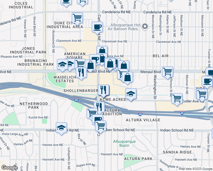 map of restaurants, bars, coffee shops, grocery stores, and more near 2500 Carlisle Boulevard Northeast in Albuquerque