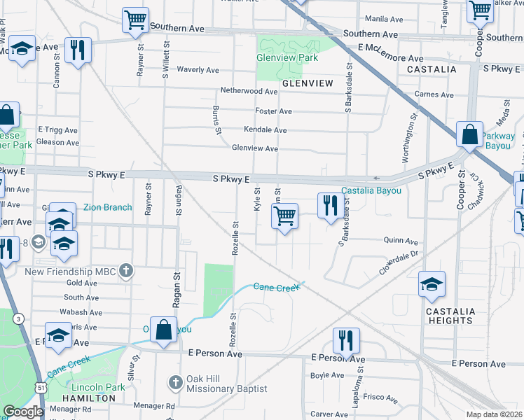 map of restaurants, bars, coffee shops, grocery stores, and more near 1412 Kyle Street in Memphis