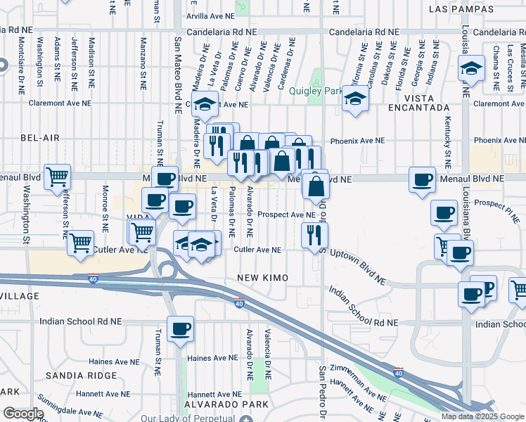 map of restaurants, bars, coffee shops, grocery stores, and more near 2503 Valencia Drive Northeast in Albuquerque