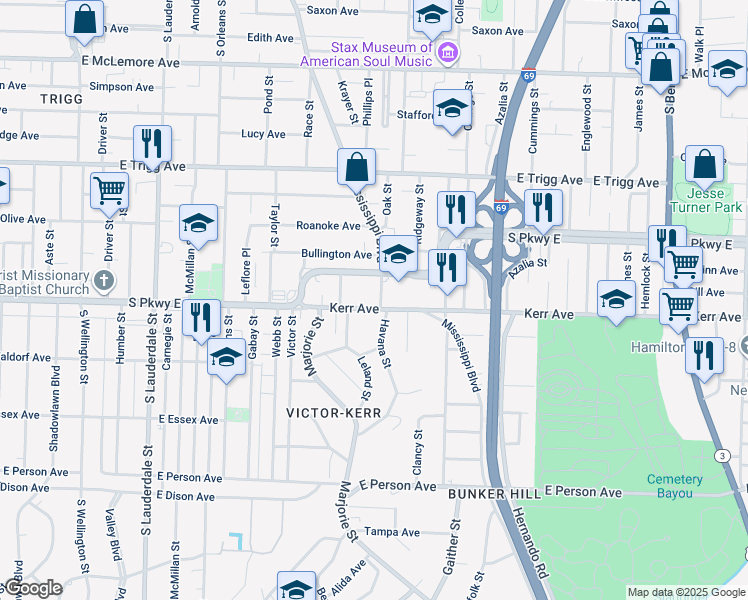 map of restaurants, bars, coffee shops, grocery stores, and more near 1441 Mississippi Boulevard in Memphis