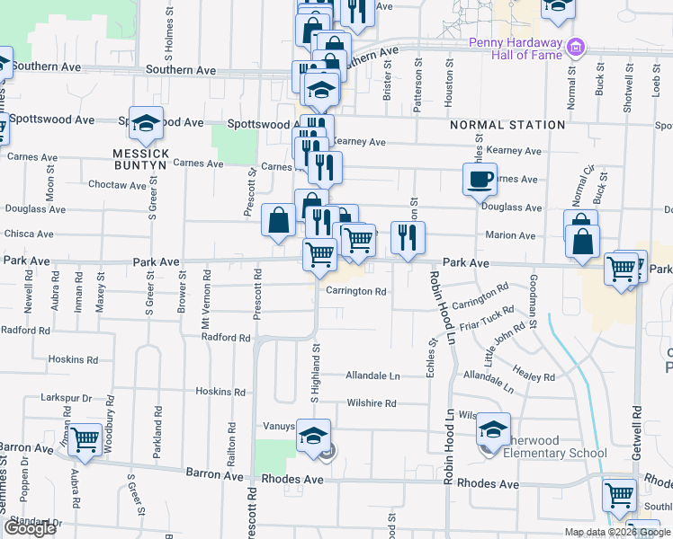 map of restaurants, bars, coffee shops, grocery stores, and more near 3545 Park Avenue in Memphis