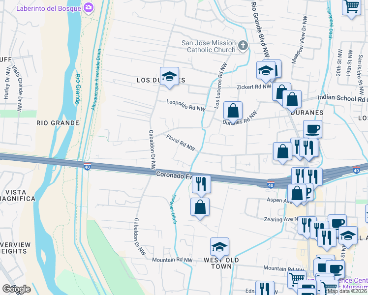 map of restaurants, bars, coffee shops, grocery stores, and more near 2830 Floral Road Northwest in Albuquerque