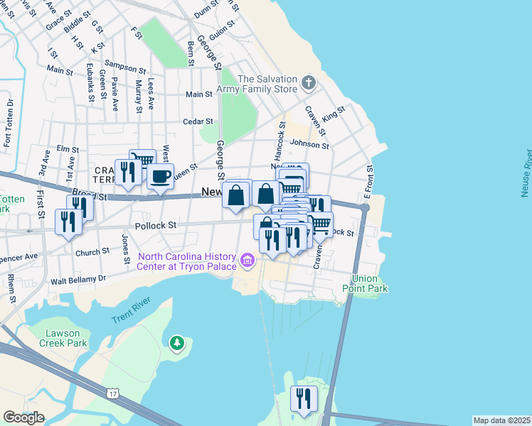 map of restaurants, bars, coffee shops, grocery stores, and more near 301 Hancock Street in New Bern