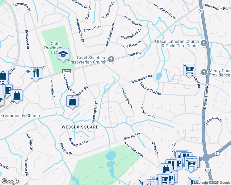 map of restaurants, bars, coffee shops, grocery stores, and more near 7222 Lillian Way in Charlotte