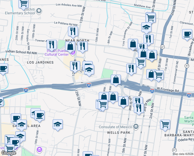 map of restaurants, bars, coffee shops, grocery stores, and more near 916 Indian School Road Northwest in Albuquerque