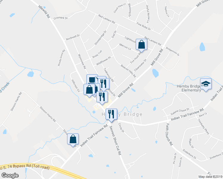 map of restaurants, bars, coffee shops, grocery stores, and more near 6101 Clearwater Drive in Indian Trail