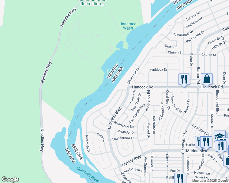 map of restaurants, bars, coffee shops, grocery stores, and more near 1777 Riverside Drive in Bullhead City