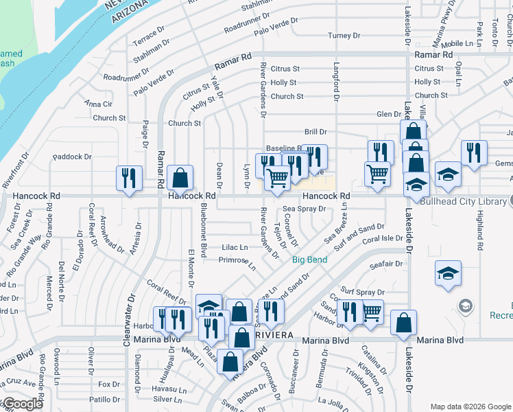 map of restaurants, bars, coffee shops, grocery stores, and more near 727 Sea Spray Place in Bullhead City