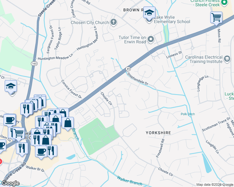 map of restaurants, bars, coffee shops, grocery stores, and more near 13307 Windgrove Drive in Charlotte